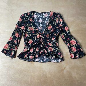 ZARA Black Pink/Red Rose Flower V-Neck Long Sleeve Women's Small